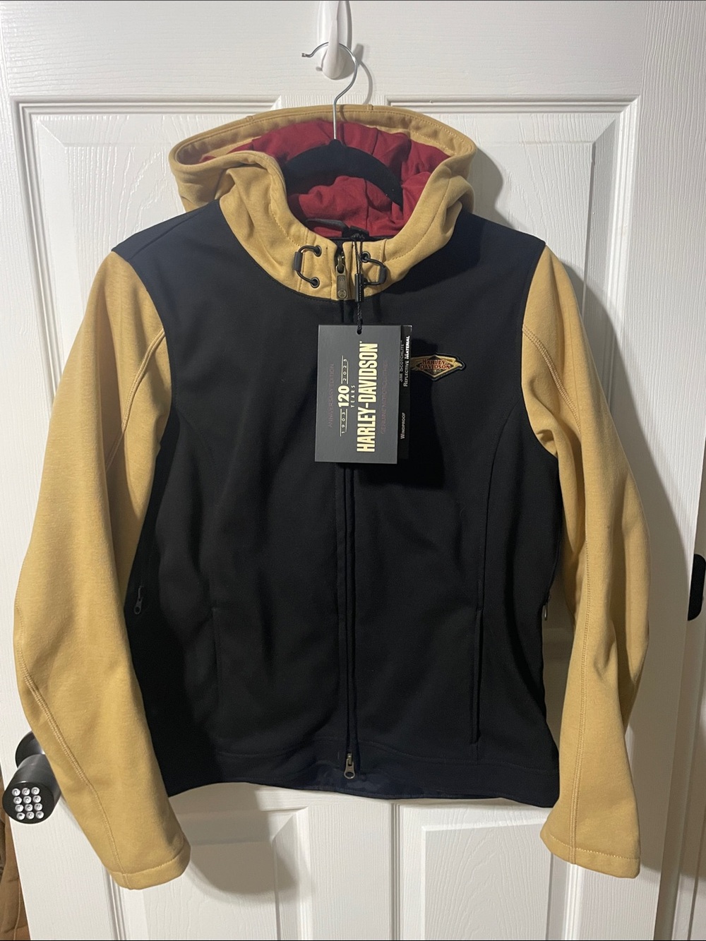 Harley-Davidson Two-Tone Black and Tan Hooded Jacket with Red Lining